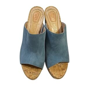 Quiet Luxury Stuart Weitzman Blue Suede Cork Wedge Mule Sandals US 9 Narrow